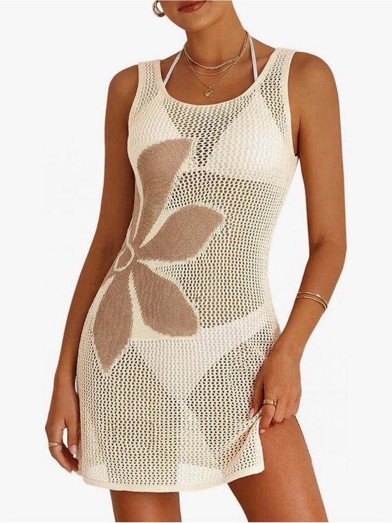 Other - Women's Cream Crochet Beach Cover-Up Dress with Floral Detail